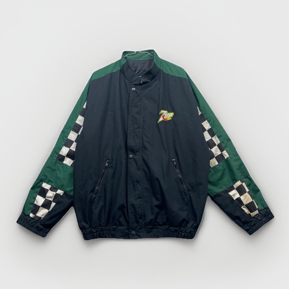 VTG 7UP Green Jacket Mens L Employee Trucker Jacket Racing Motorsports Checks***
